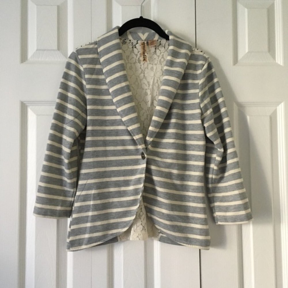 Light Gray Striped Blazer with Lace Back